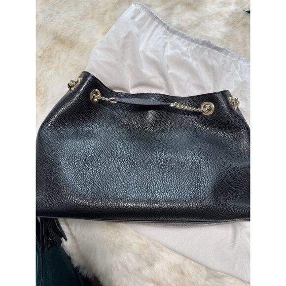 Gucci Soho Handbag Black Leather Tassel Double Chain Medium Shoulder Bag Purse - Picture 7 of 11